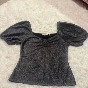 Boden Ruched Sparkle Puff Sleeve Jersey Top Size 8 Black